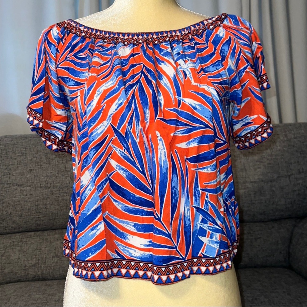 Flying Tomato Boho Orange & Blue Short Sleeve On or Off Shoulder Top Size Small